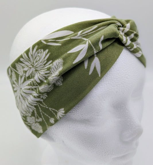 Green w/White Flowers Twist Headband (Adult)